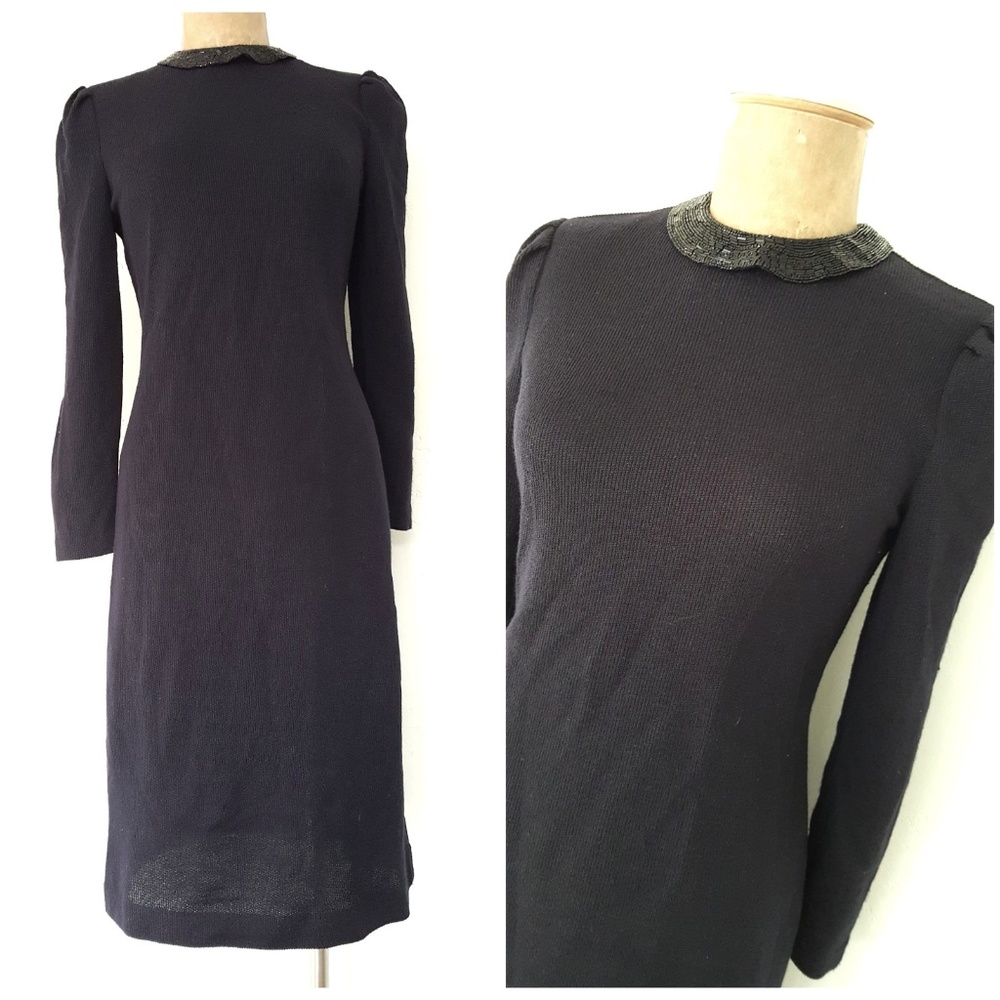 Vintage 80s Little Black Sweater Dress Size Medium with Beaded Collar